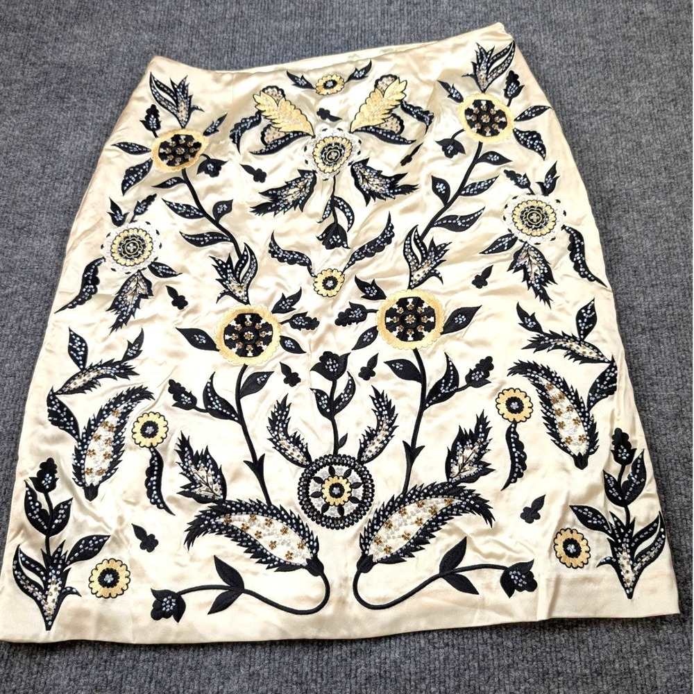 Vintage Oscar de la Renta Silk Skirt Embroidered Beaded Pencil Champagne Gold 6